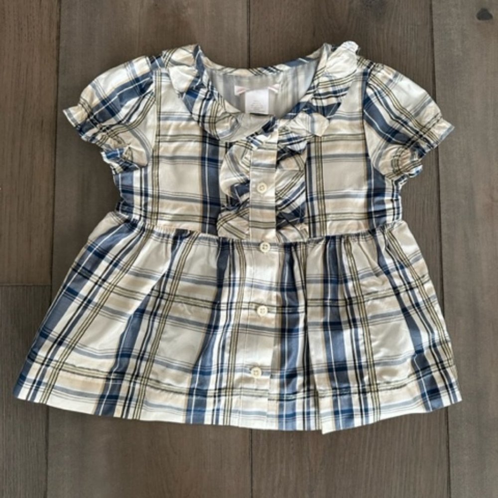 JANIE AND JACK GIRLS PLAID SILK METALLLIC SHORT SLEEVE LINED BLOUSE TOP